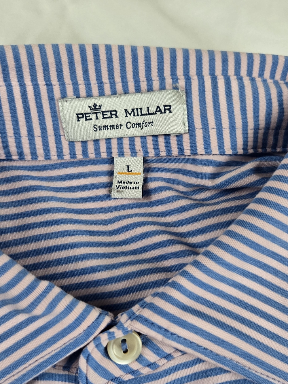 Peter Millar Summer Comfort Polo Shirt Mens Large Pink Blue Striped Golf Polo - Picture 2 of 3